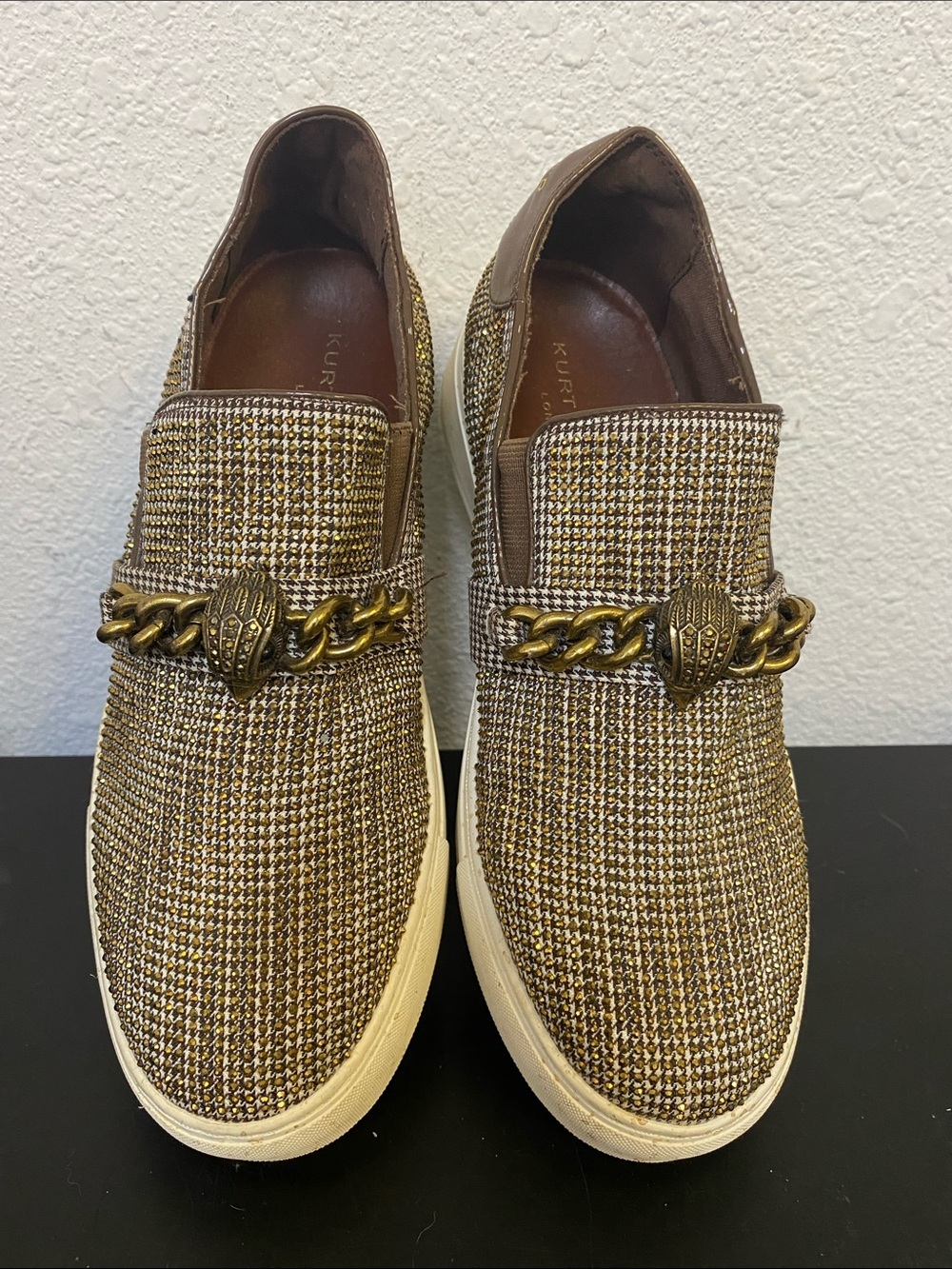 Kurt Geiger Brown Tweed Slip-On Loafers with Gold Chain